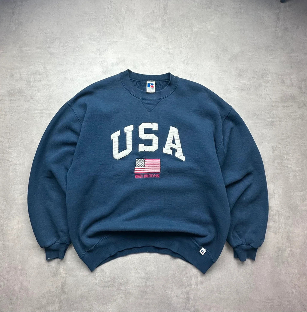 Sweat Russell Athletic Vintage American Flag USA Navy