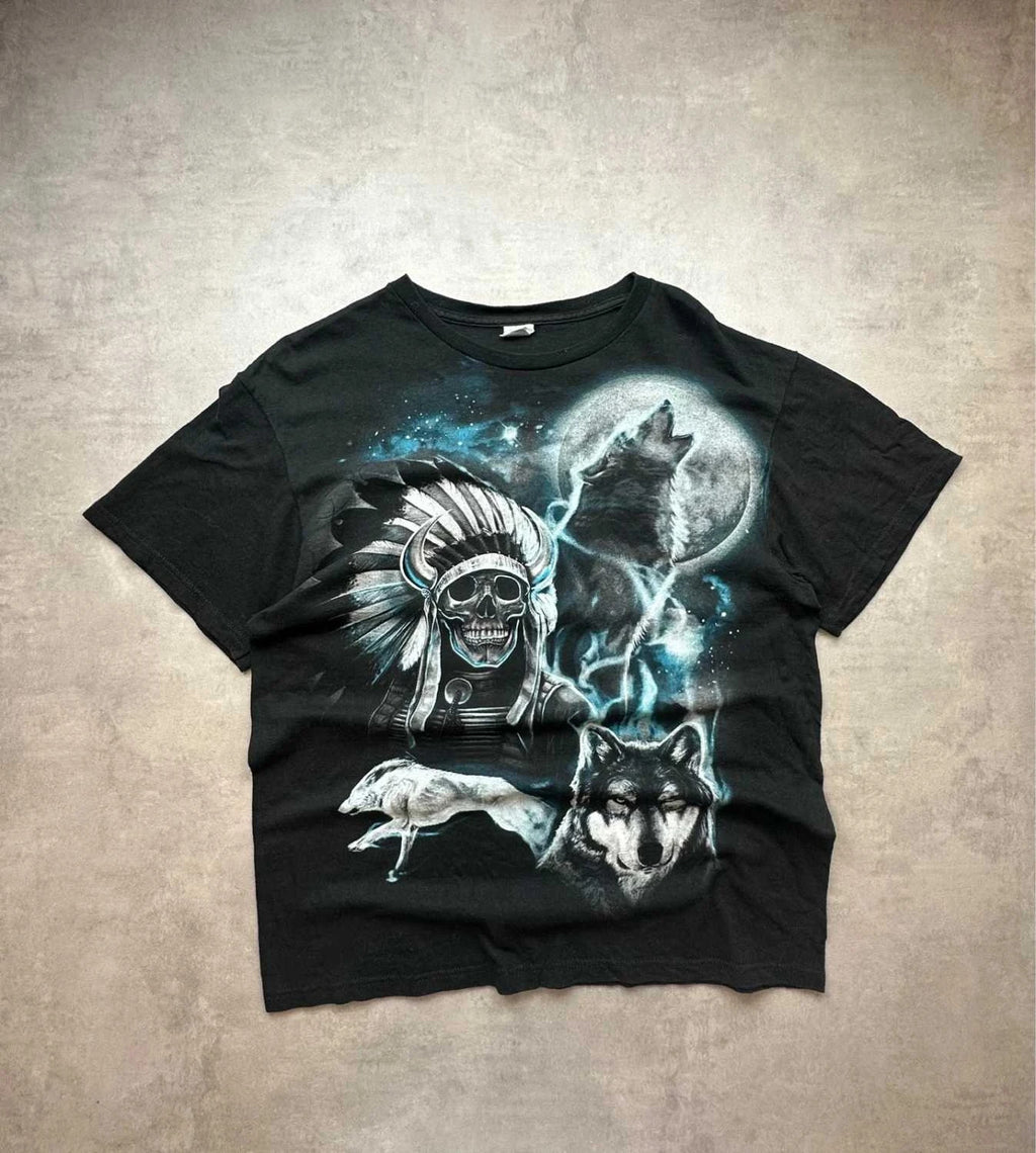 Tee Shirt Vintage Wolf Amérindien Noir – Skull Warrior & Loup Graphic Y2K 90s