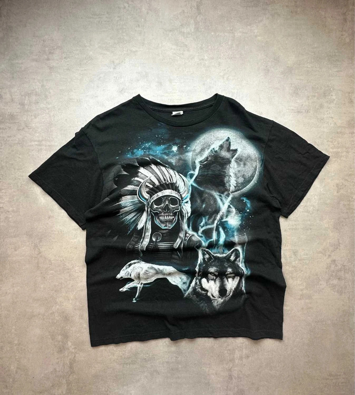 Tee Shirt Vintage Wolf Amérindien Noir – Skull Warrior & Loup Graphic Y2K 90s