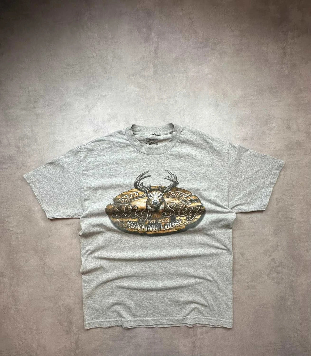 T-Shirt Vintage Animals Print Cerf Gris