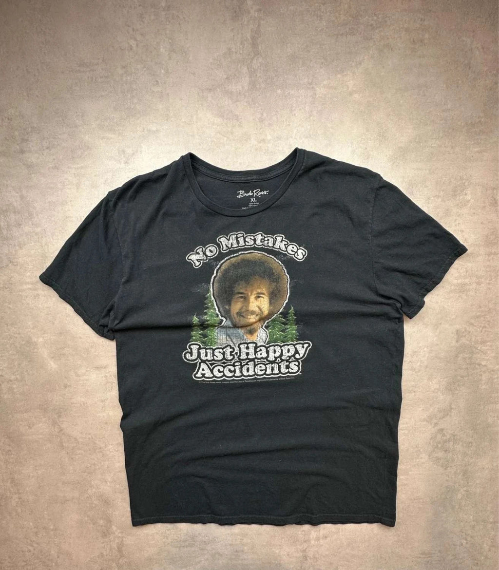 T-Shirt Vintage Bob Ross « No Mistakes Just Happy Accidents » Noir