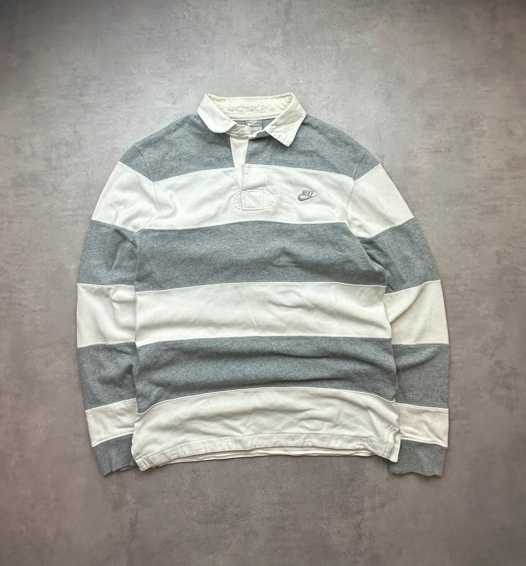 Polo Nike Vintage Manches Longues Rayé Gris & Blanc