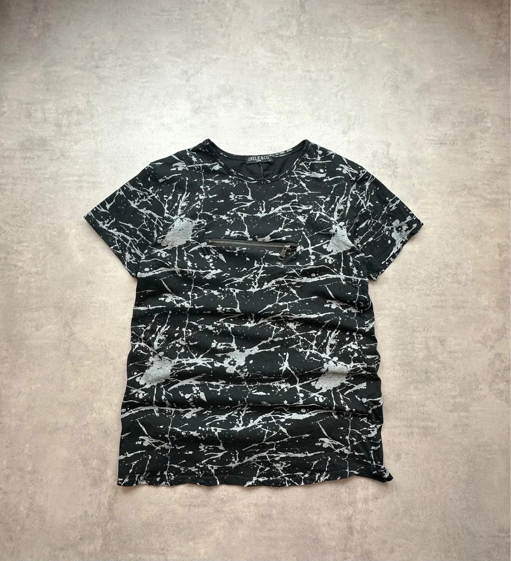 Tee-shirt Vintage Effet Marbre Noir Gris Poche Zippée