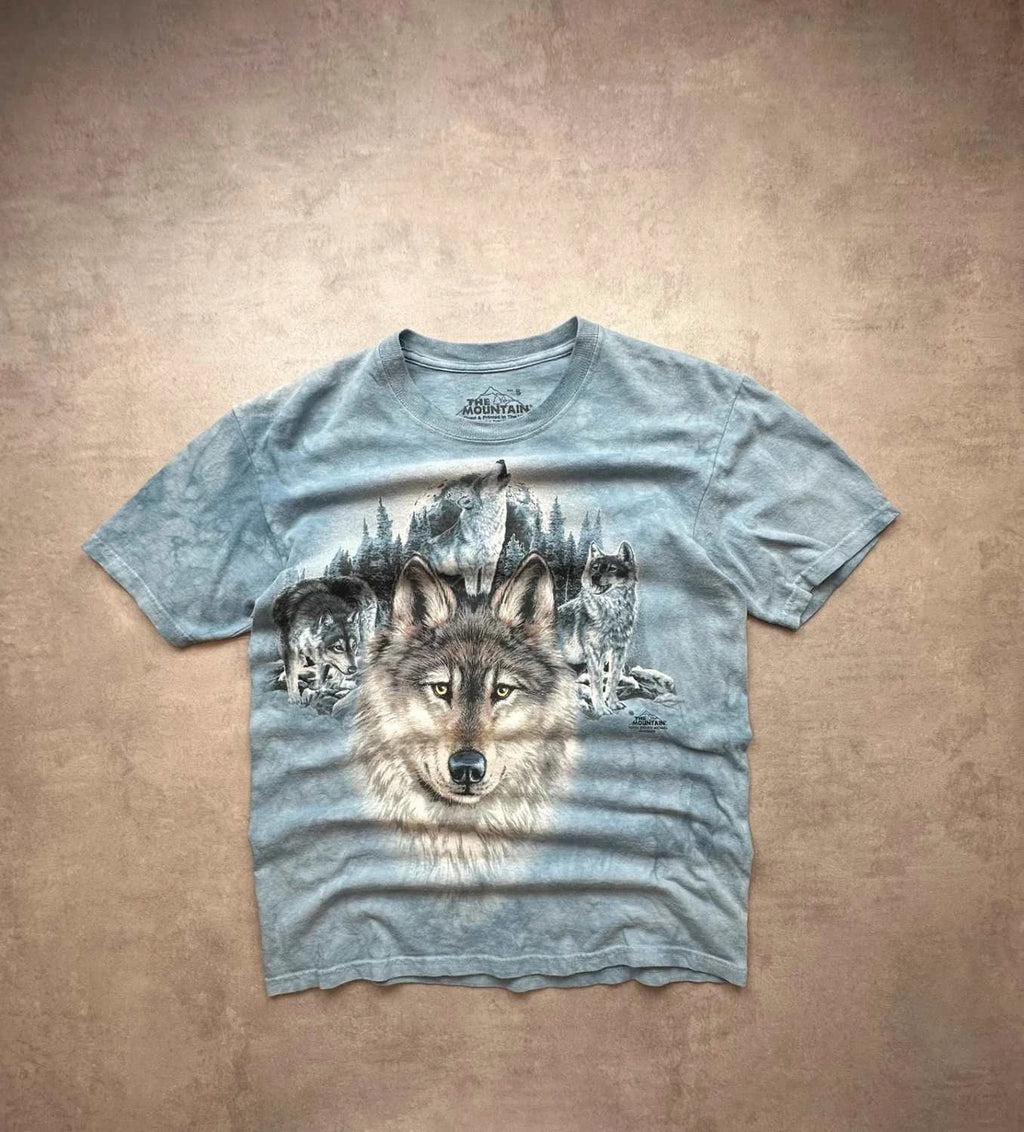 Tee Shirt Vintage Wolf Pack The Mountain Tie-Dye Bleu Gris – Graphic Animal Print Y2K