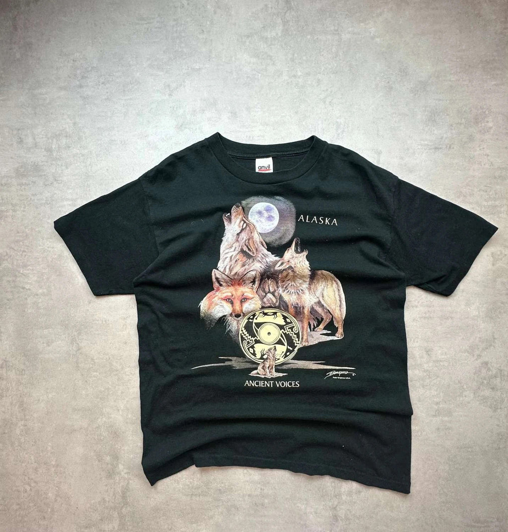Tee Shirt Vintage Meute de Loups Noir – Alaska Ancient Voices Graphic Print Y2K 90s