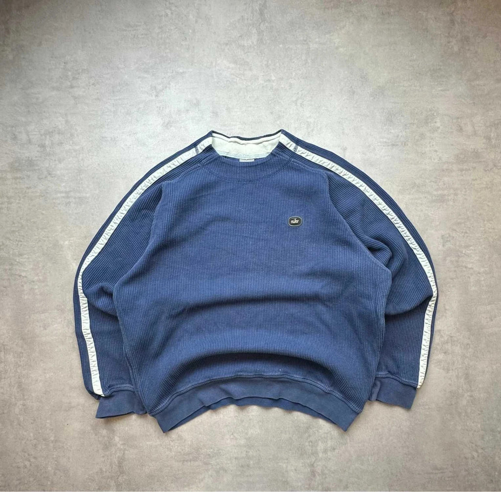 Nike Vintage Y2K Ribbed Crewneck Sweatshirt Bleu – Mini Logo Brodé – 2000s
