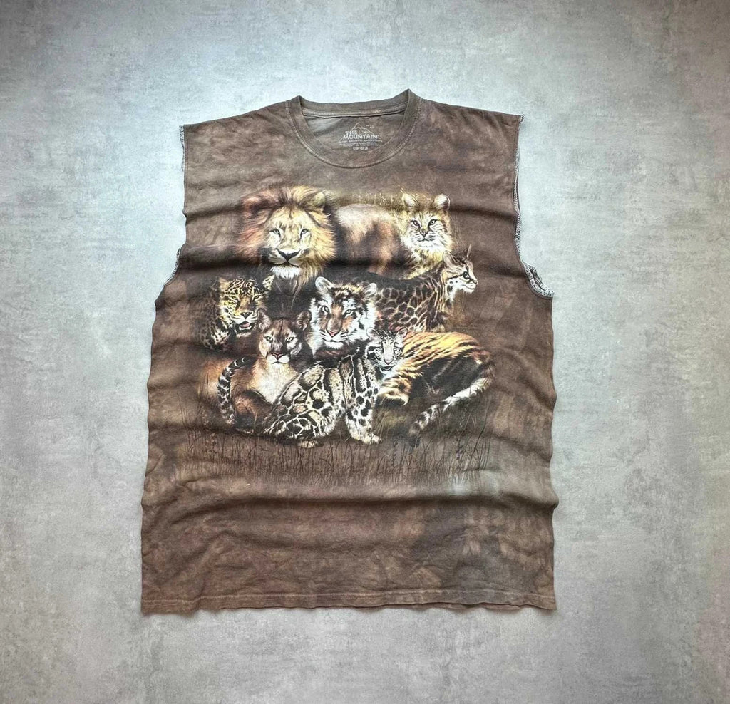 The Mountain Vintage Made in USA Big Cats All Over Print Cut-Off Tee Y2K Rare