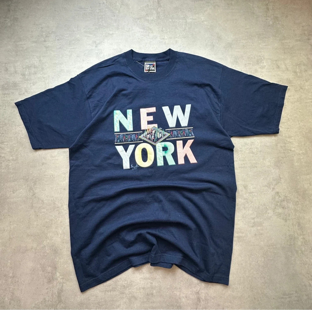 T-Shirt Vintage New York 100% Coton Graphic Building – Navy