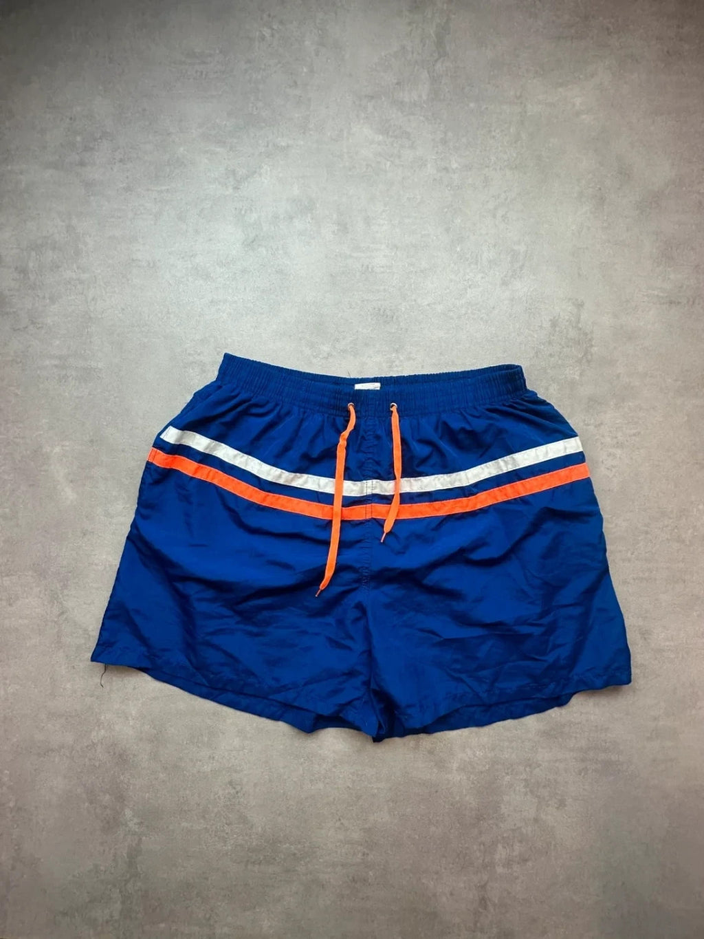 Short de Bain Bleu à Rayures Orange et Blanches