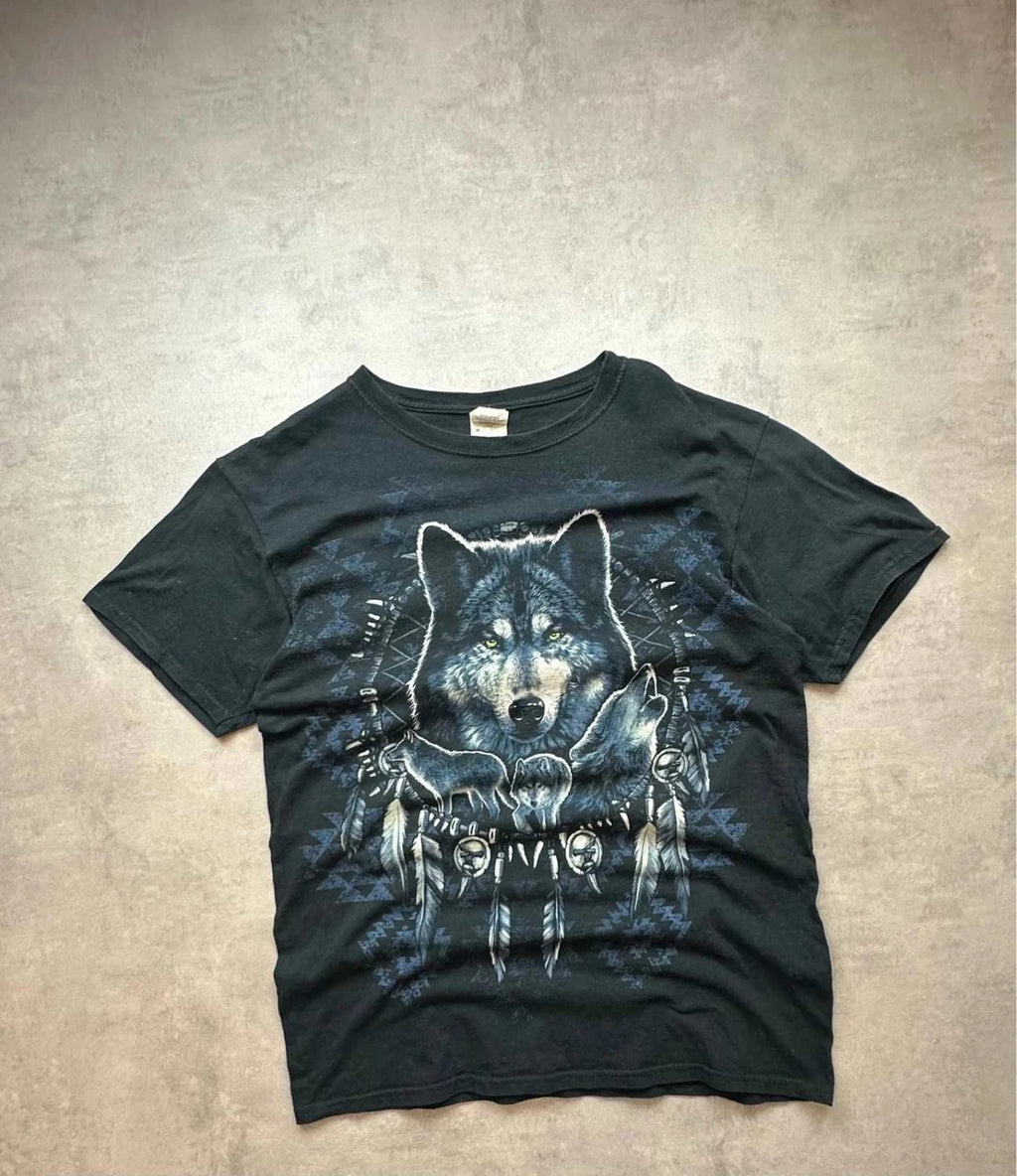Tee Shirt Vintage Wolf Dreamcatcher Noir – Graphic Animal Print Y2K