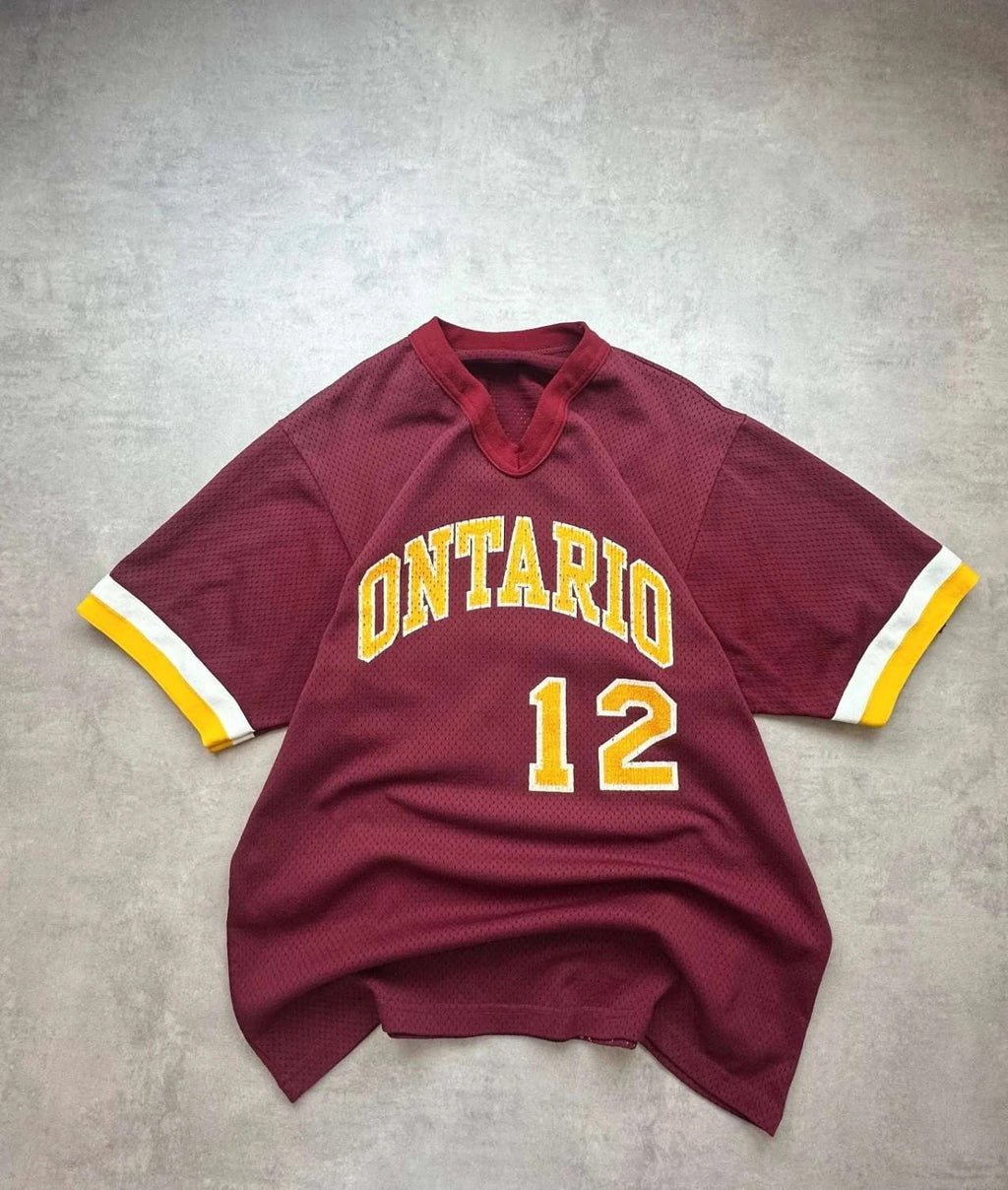 Vintage Ontario Baseball Jersey #12 – Burgundy & Yellow – Y2K / 90s