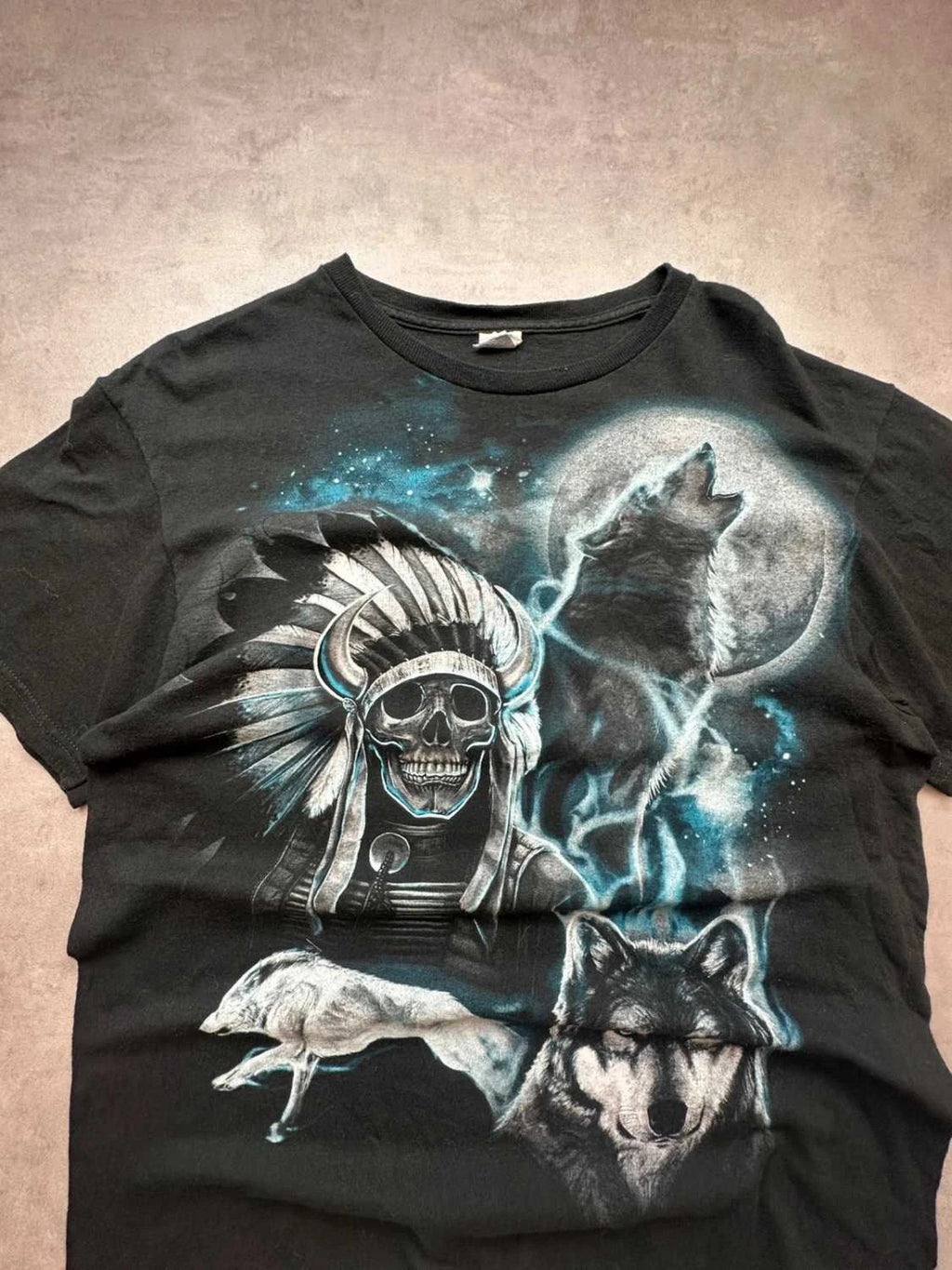 Tee Shirt Vintage Wolf Amérindien Noir – Skull Warrior & Loup Graphic Y2K 90s