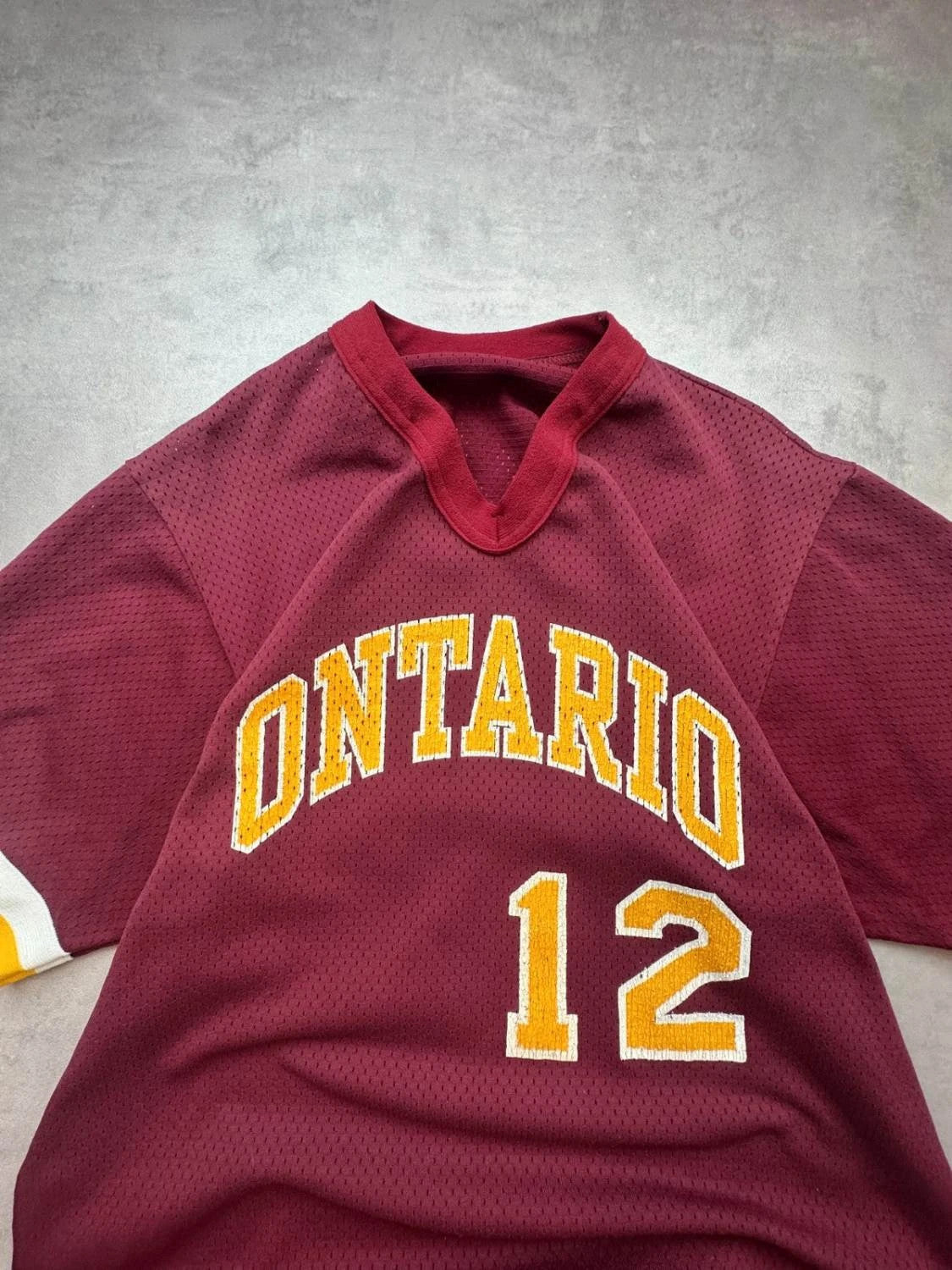 Vintage Ontario Baseball Jersey #12 – Burgundy & Yellow – Y2K / 90s