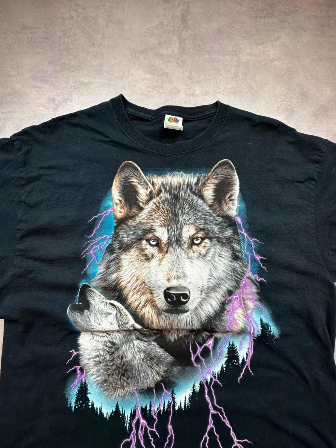 Tee Shirt Vintage Wolf Lightning Graphic Noir – Animal Print USA