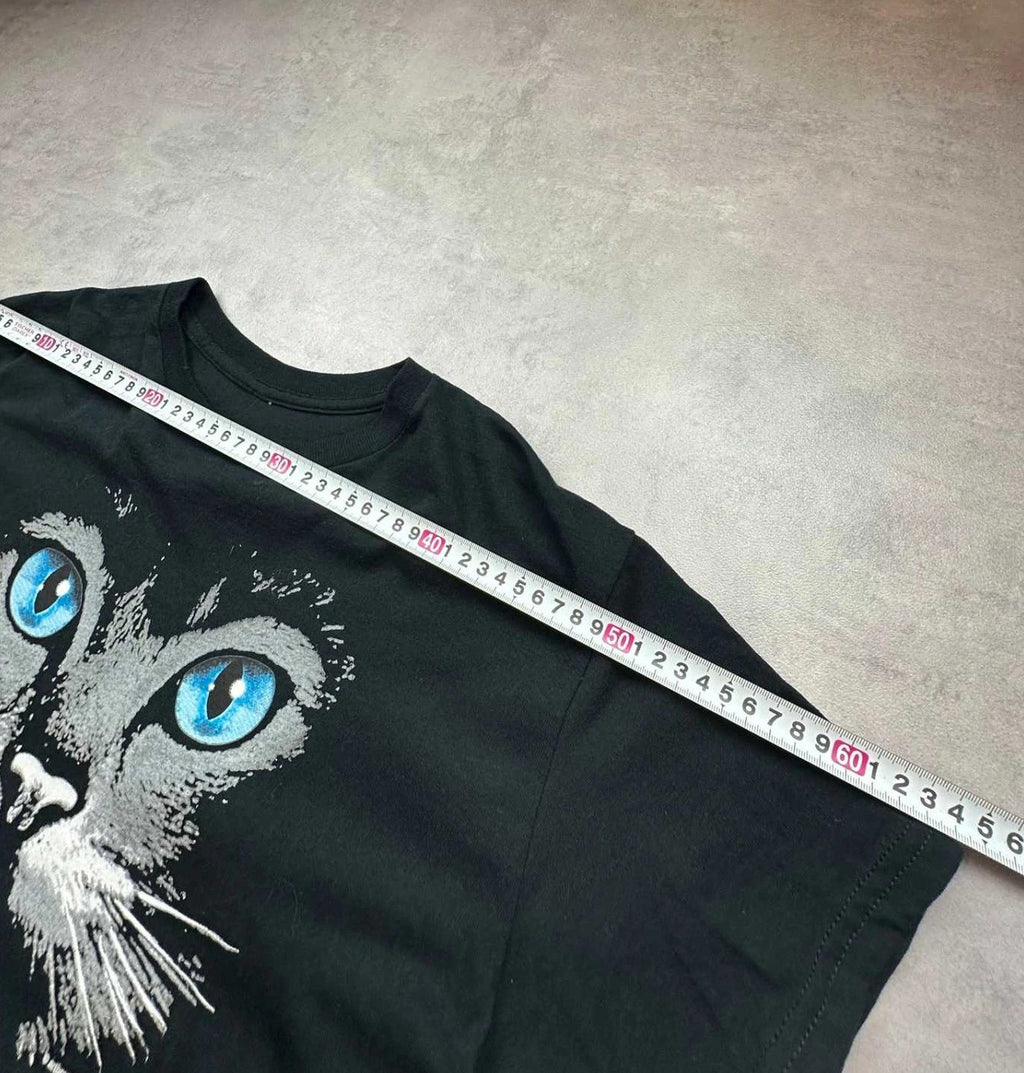 Tee-shirt Vintage Cats Print Blue Eyes Noir