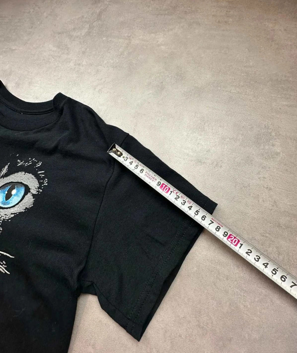 Tee-shirt Vintage Cats Print Blue Eyes Noir