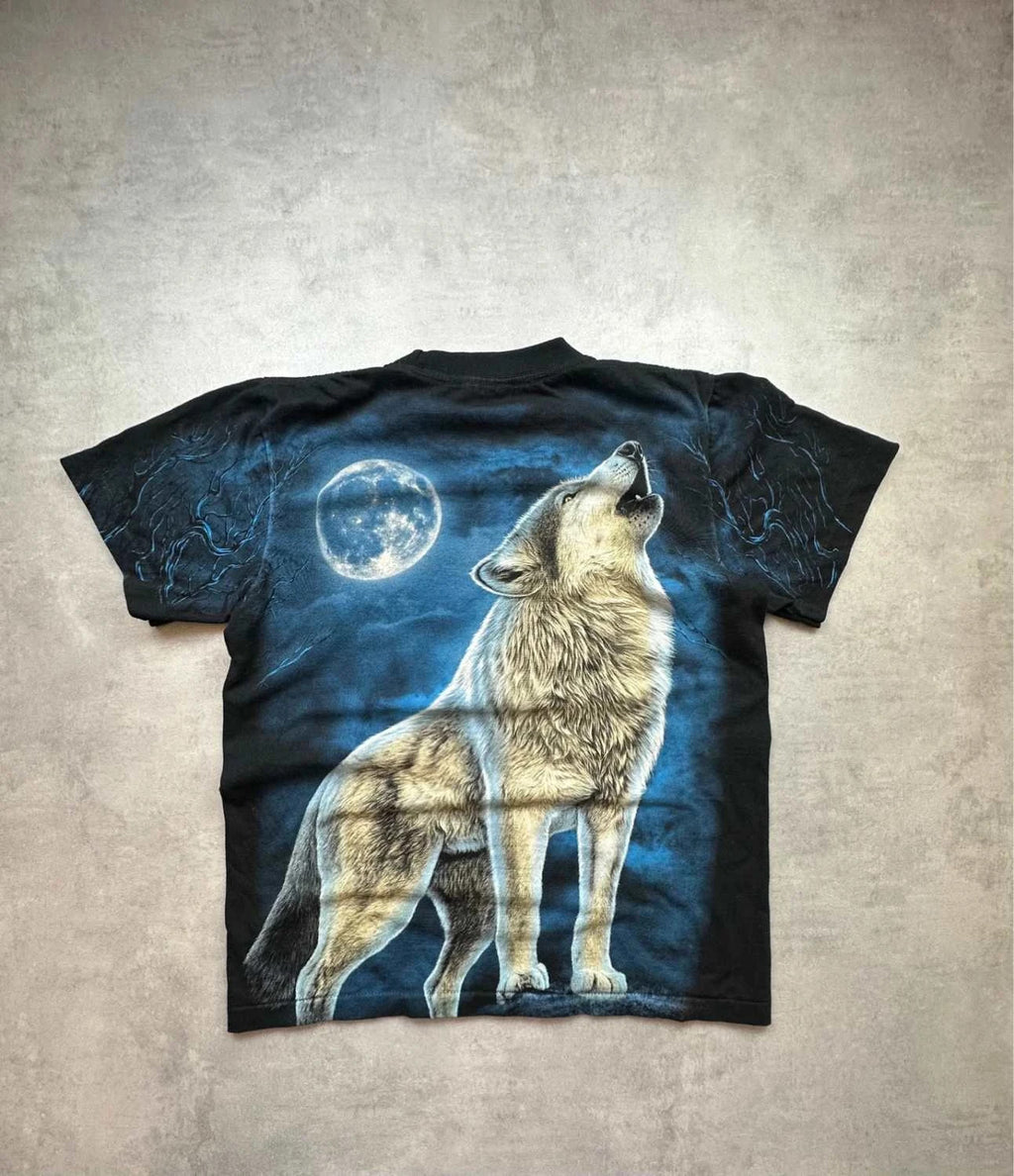 Tee Shirt Vintage Wolf Full Moon – Noir & Bleu – Y2K